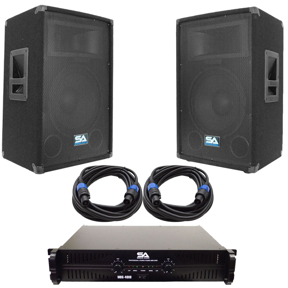 seismic audio pair of 12" pa dj speakers with amplifer & 25' cables pro