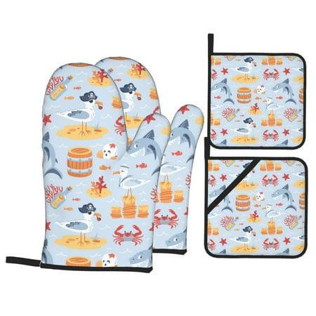 

Oven Mitts and Pot Holders Sets 4 pcs - Funny Cute Shark Pirate Duck Crab Heat Resistant Silicone Oven Gloves with Non-Slip Silicone Surface and hot pads for kitchen Baking Cooking BBQ