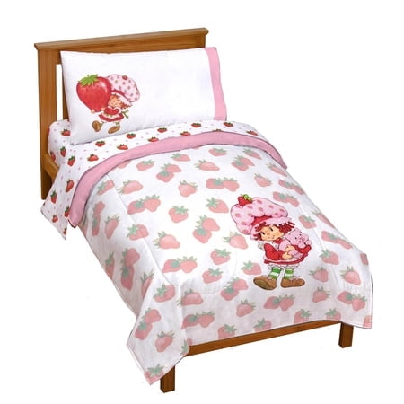 Strawberry Shortcake Toddler Comforter Set - 4 Piece Bedding includes Sheet Set & Pillow Cover - Super Soft Pink & White Kids Bedding