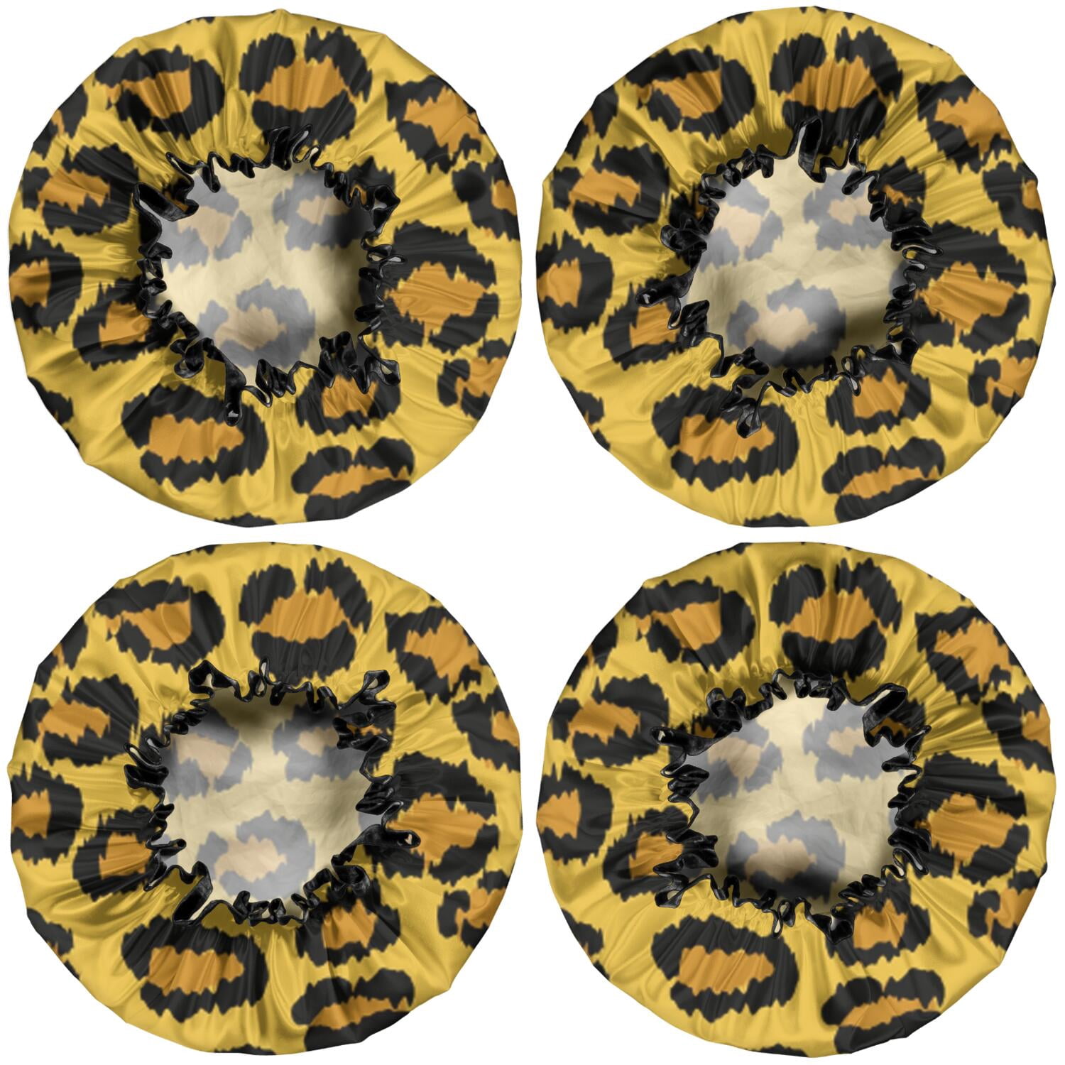 Shower Caps,Yellow and Black Of Leopard Print Waterproof Shower Cap for Women 4 Pieces,Double Reusable Hair Cover for Shower PEVA Elastic Stretch Hem