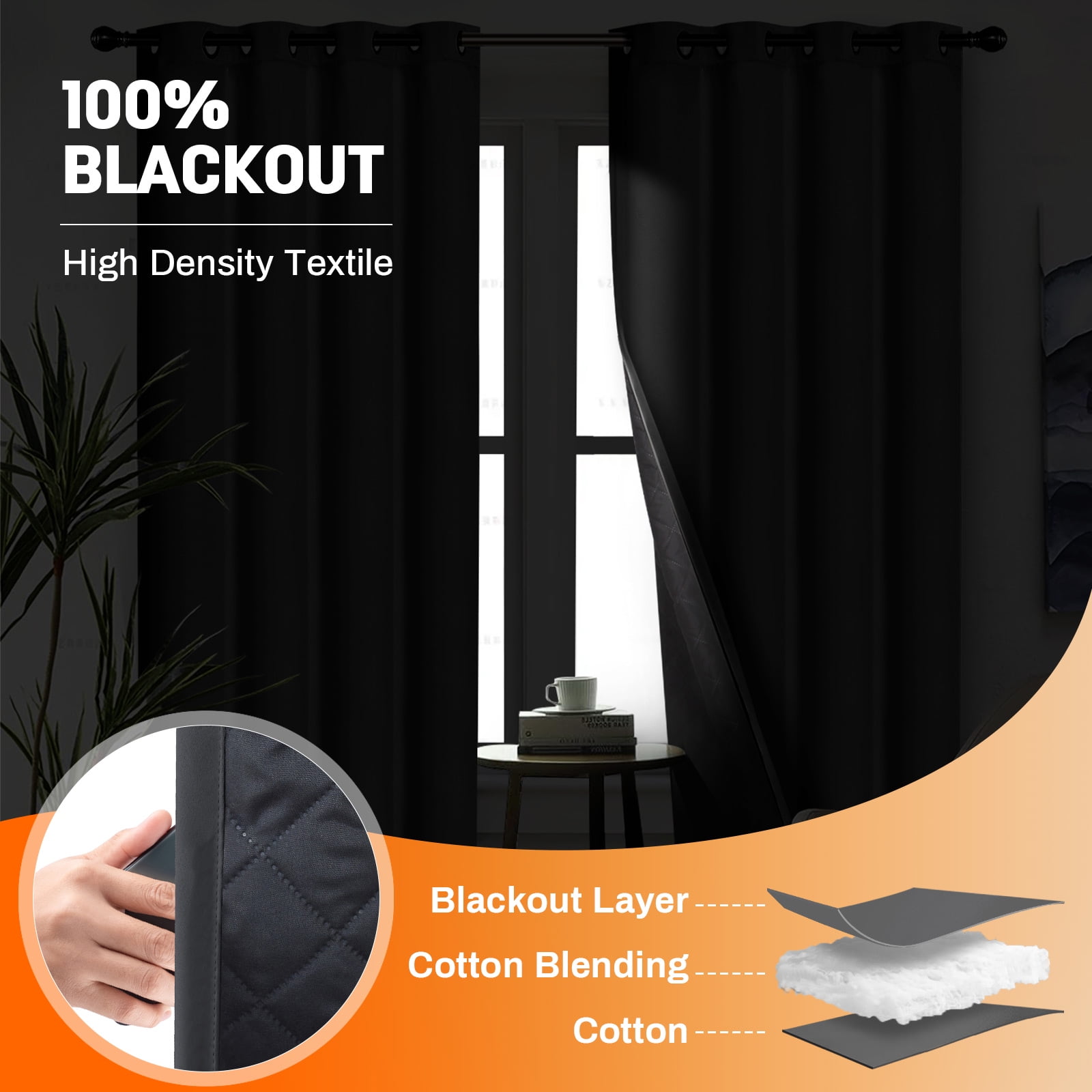 Lapalife Thermal Insulated 100% Blackout Curtains for Bedroom, 63 Inch Double Layer Thick Quilted Lining Grommet Curtain Noise Reducing for Living room, Bedroom, Black, 1 Panel