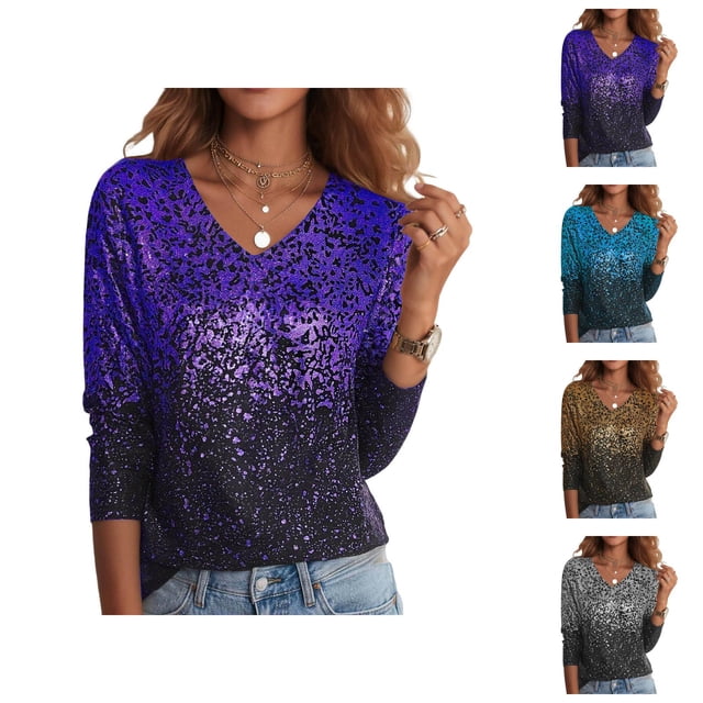 Hauts à Manches Longues Mardi Gras pour Femme 2026 Tendance Pailleté Col en V T-Shirt de Carnaval pour Sortir