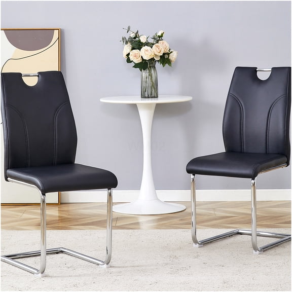 Modern PU Dining Chairs Set of 2 - Black Faux Leather Upholstered Side Chairs with Silver Metal Legs for Kitchen Office Restaurant