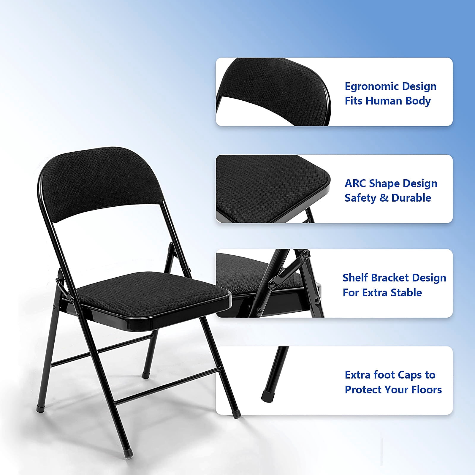 Fenbeli Folding Chairs Set of 4, Black Fabric Padded Metal Frame with Ergonomic Backrest, 330 lb Foldable Space-Saving Seating for Home and Office