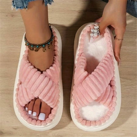 

NAYUKA Plush Platform Slippers Cross Strap Open Toe Memory Foam Shoes Indoor Anti-slip Fuzzy Slippers