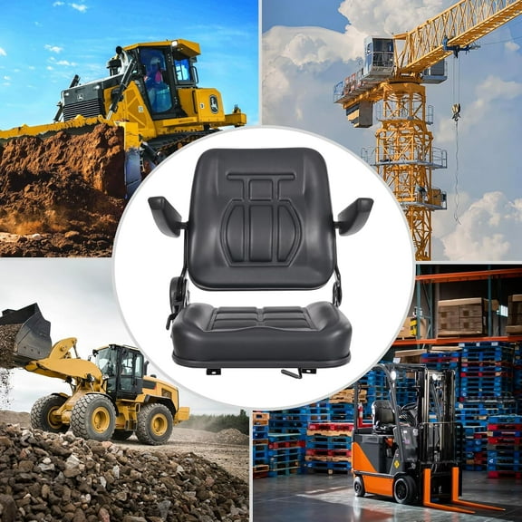 Universal Replacement Seat for Forklifts, Tractors & Bulldozers - Heavy-Duty PU & Steel Construction with Armrests and Comfortable Sponge Cushion - Black