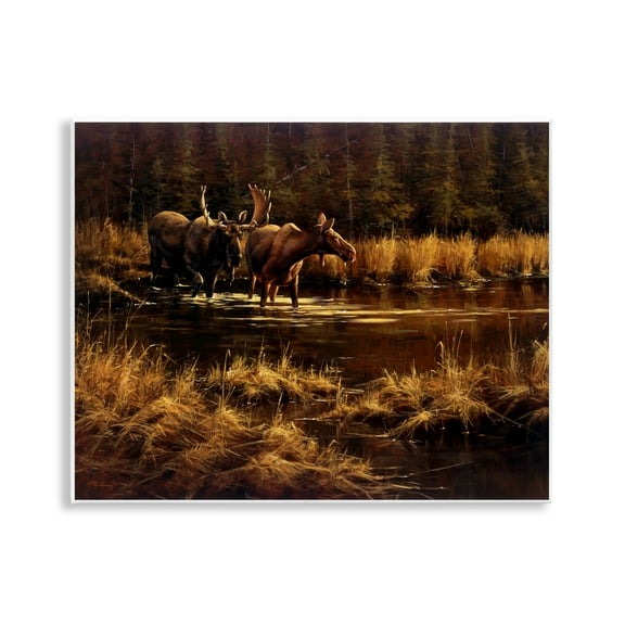 Stupell Industries Moose Pair at Stream Landscape & Nature Painting Unframed Art Print Wall Art, 14 x 11