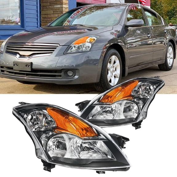 Nilight Headlight Assembly Compatible with 2007 2008 2009 Nissan Altima 4Dr Sedan Headlamps Replacement Black Housing Amber Reflector Clear Lens Driver and Passenger Side
