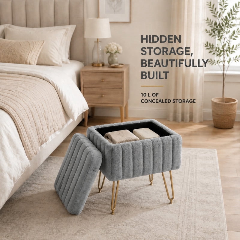 BEAUTYPEAK Vanity Stool with Storage Faux Fur Padded Makeup Ottoman with Gold Metal Legs and Adjustable Feet 18.9" Footstool, Gray