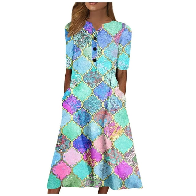 SMihono Robe d'Été Grande Taille pour Femmes 2023 à Col en V à Manches Courtes Robe Imprimée Robe Décontractée avec Poches