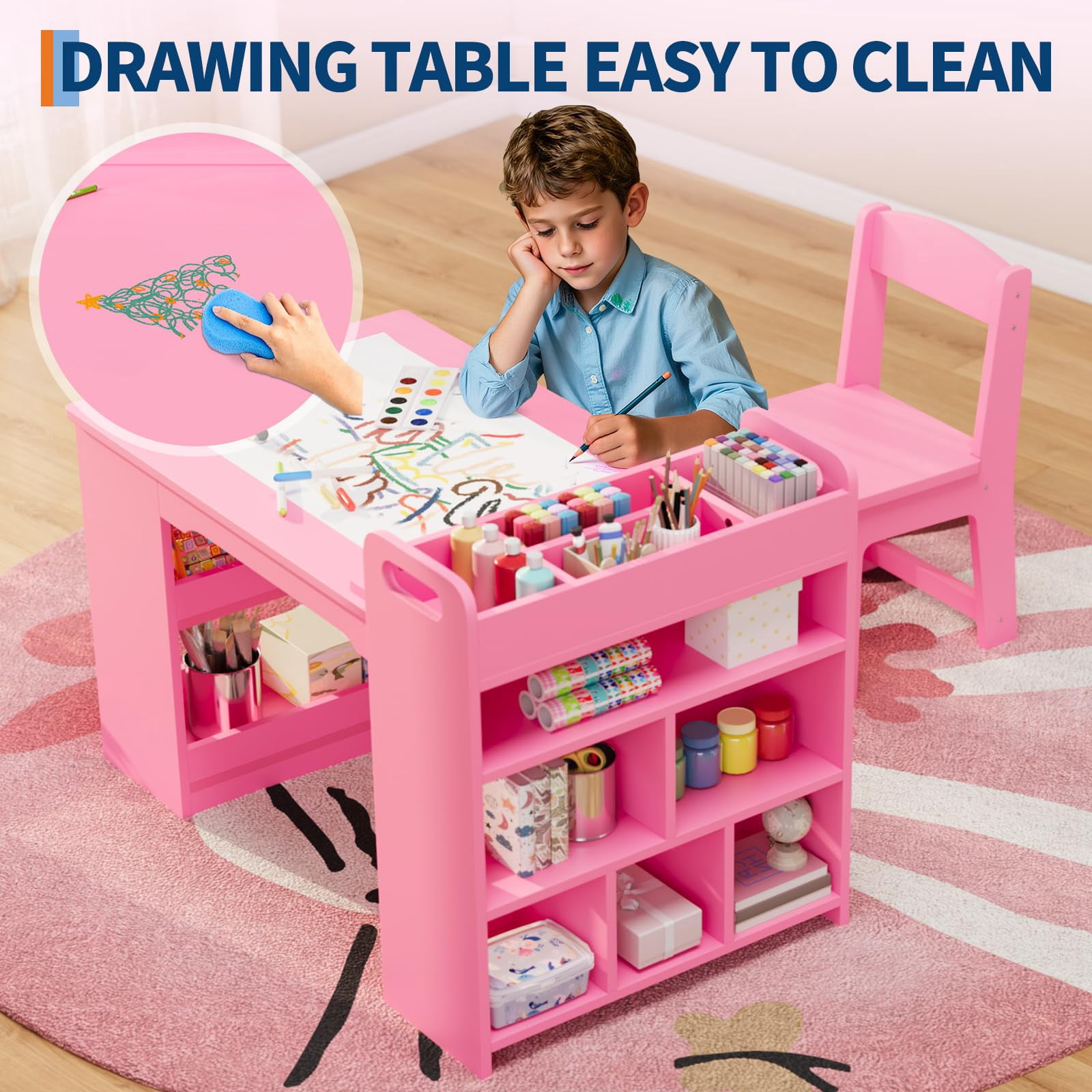 Litake Kids Art Table and 2 Chairs, Craft Table with Large Storage Shelves,Toddler Wooden Drawing Desk Activity & Crafts Children's Wooden Furniture for Classroom Daycares,Home