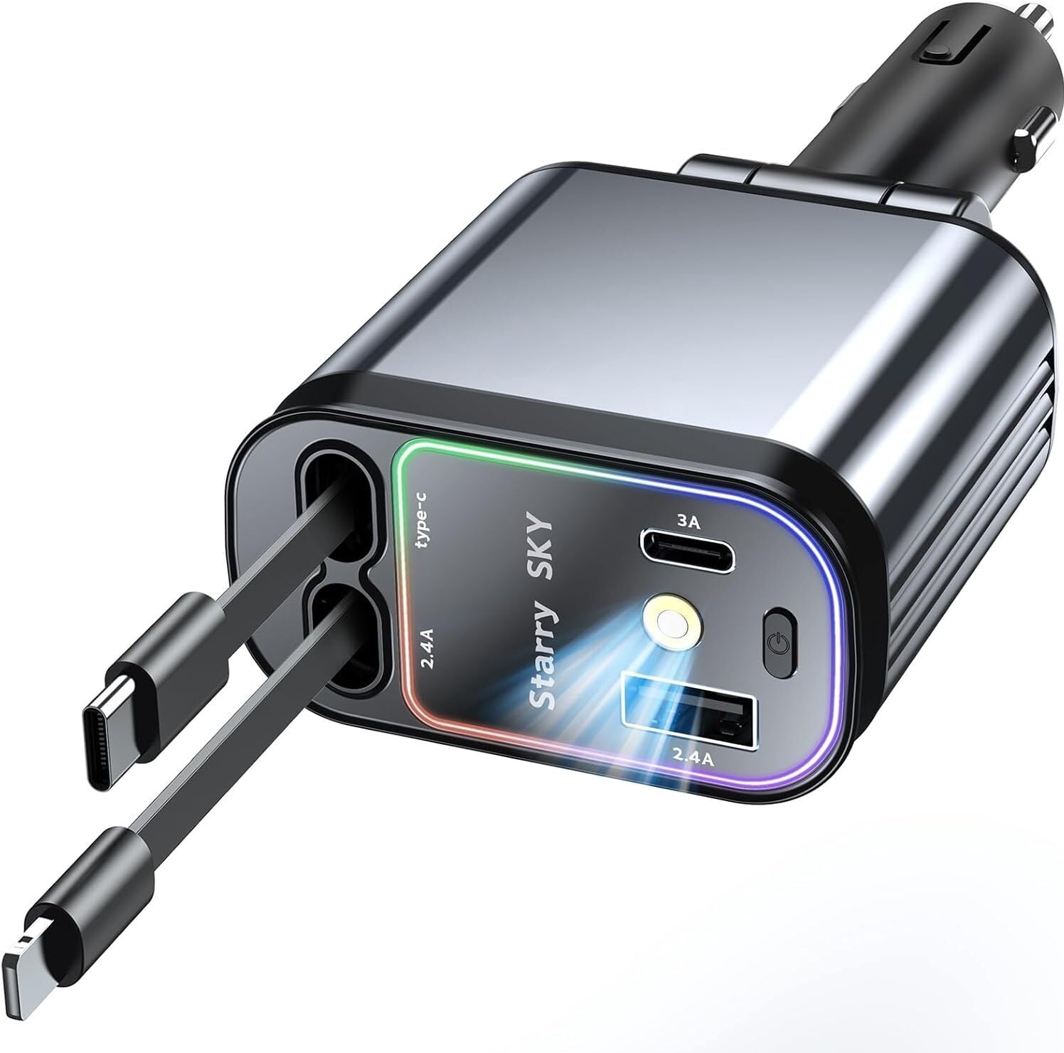 Car Charger 120W Mobile Super Fast Charging ,4 in 1 Retractable USB C Car Charger,120W with Starry Light,Fast Charging for iPhone,iPad,Android,Galaxy,Pixel,Cigarette Lighter Adapter