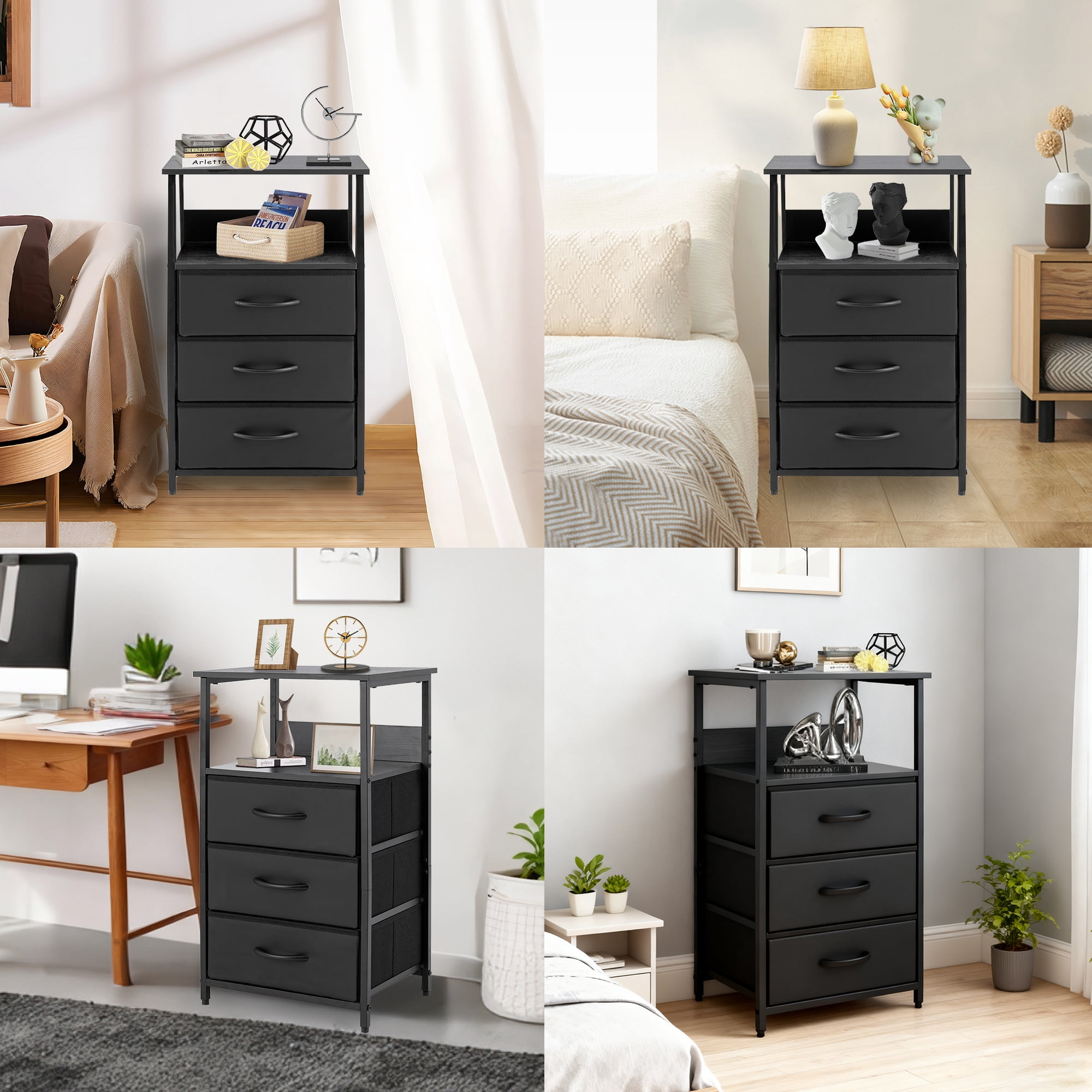 YEEZEE Bedside table with 3 fabric-covered drawers and an open shelving unit,ideal for bedrooms, entryways, and college dorms, easy to assemble. black