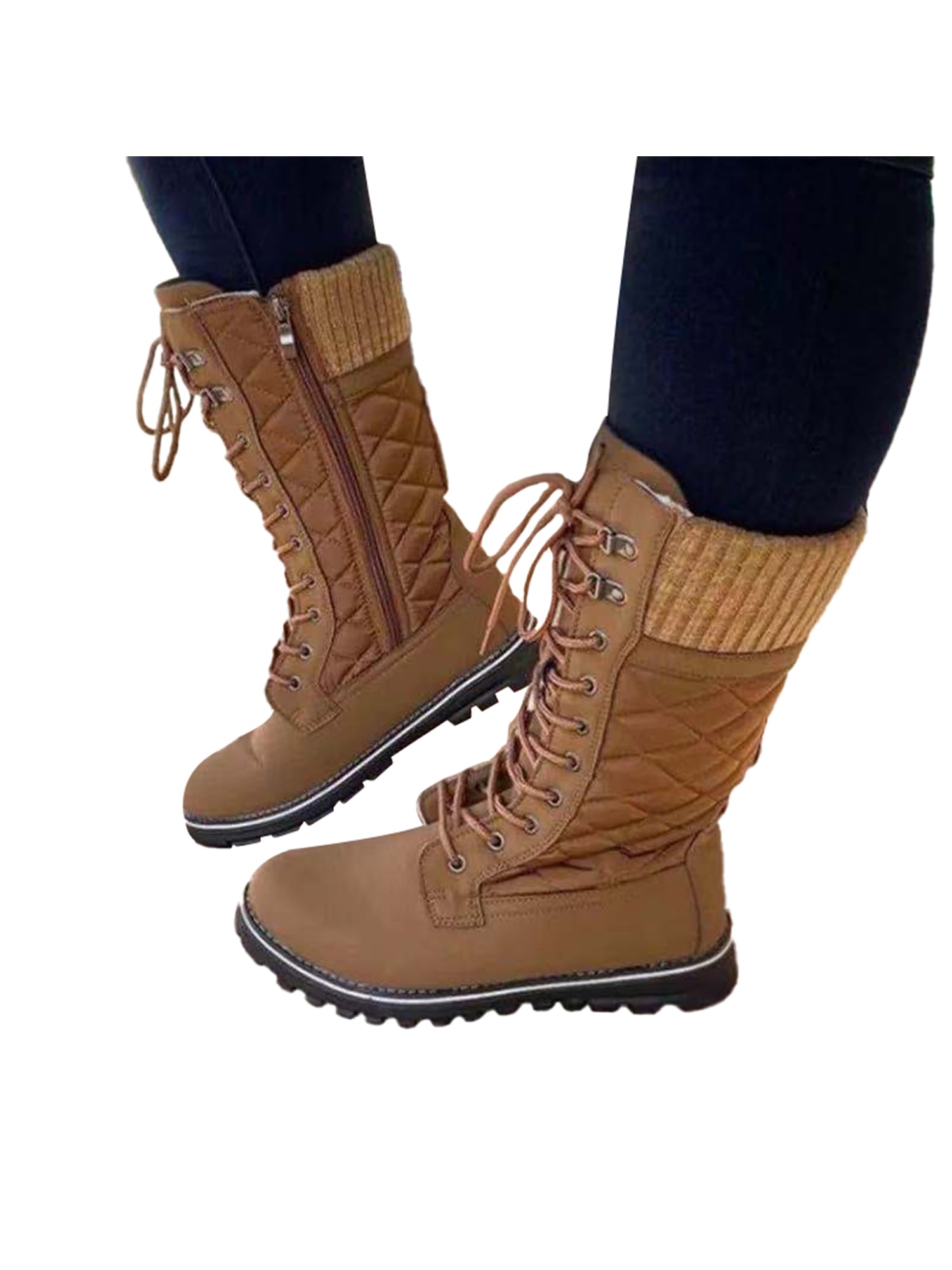 Women Fur Lined Snow Boots Winter Warm Mid Calf Flat Zip Casual Shoes Size 6-10