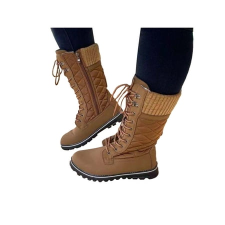 

Gomelly Womens Solid Color Boots Side Zip Lace Up Flat Mid Calf Winter Warm Casual Boots