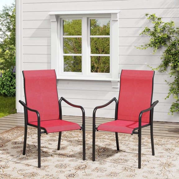 Vicllax Outdoor Patio Dining Chairs Stackable High Back Metal Frame with Textilene, Set of 2, Red