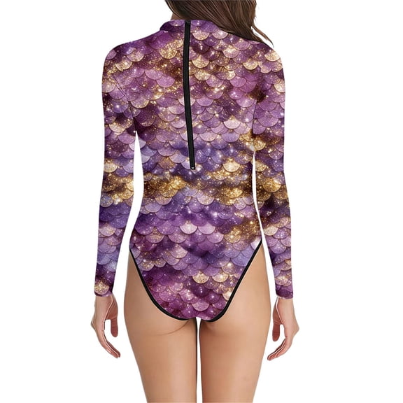 Swimsuit for Women Digital Scale Print Long Sleeve Bathing Suit Full Coverage Rash Guard Performance Swimwear for Beach and Pool Party