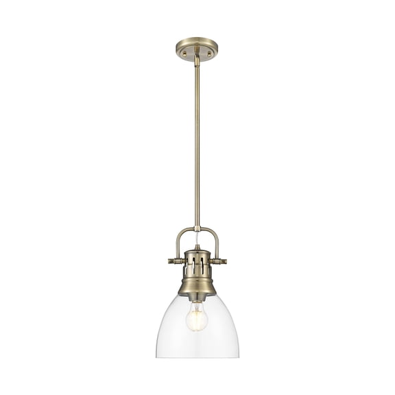 Yep by Golden Lighting Duncan 1-light 9in rod hung Pendant in Aged Brass and Clear Glass