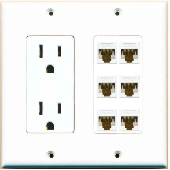 Ultra Spec Cables 15 Amp Power Outlet 6 Port Cat6 Ethernet F/F Jack Wall Plate