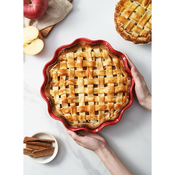 Ceramic Pie Pans for Baking, 11 Inches Deep Dish Pie Plate for Apple Pie, 48 Ounce Baking Dish with Ruffled Edge, Set of 2, Red$$Home Decor, Kitchen, & Other