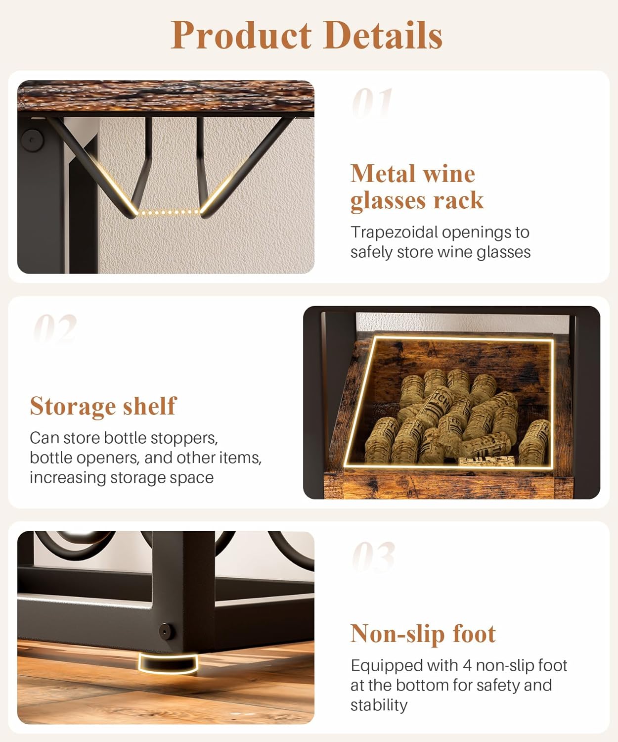 Wine Rack Freestanding Floor, Alcohol Organizer Stand Mini Bar Table Cabinet with Glass Holding Tabletop, 15 Bottles Liquor Storage for Office, Kitchen Dining Living Room