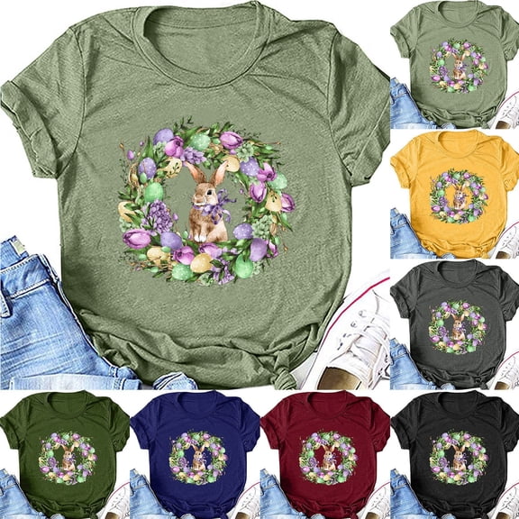 DDAPJ pyju Happy Easter Shirts for Women Cute Bunny Eggs Graphic Tees Summer Casual Holiday Short Sleeve Crewneck Tee Tops Army Green XXXL