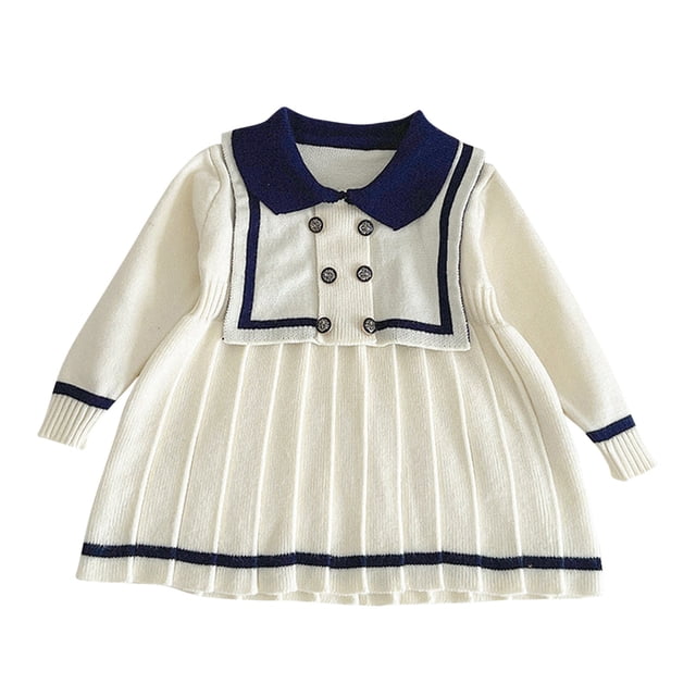Zwiiyzr Robe Princesse Bébé Fille 1-5 Ans Col Poupée Chandail Manches Longues Robe Plissée Tricotée pour Fête d'Anniversaire Blanc