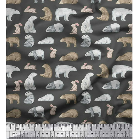 Soimoi Gray Cotton Duck Fabric Bear & Rabbit Animal Print Fabric by Yard 58 Inch Wide