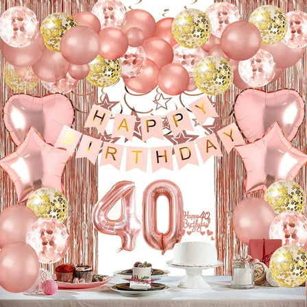 Birthday Decorations Women - Rose Gold 40th Birthday Decorations Supplies for Her With Curtains, Hanging Swirl, Balloons, Banner, Star garland, Cake Topper, Cupcake Toppers