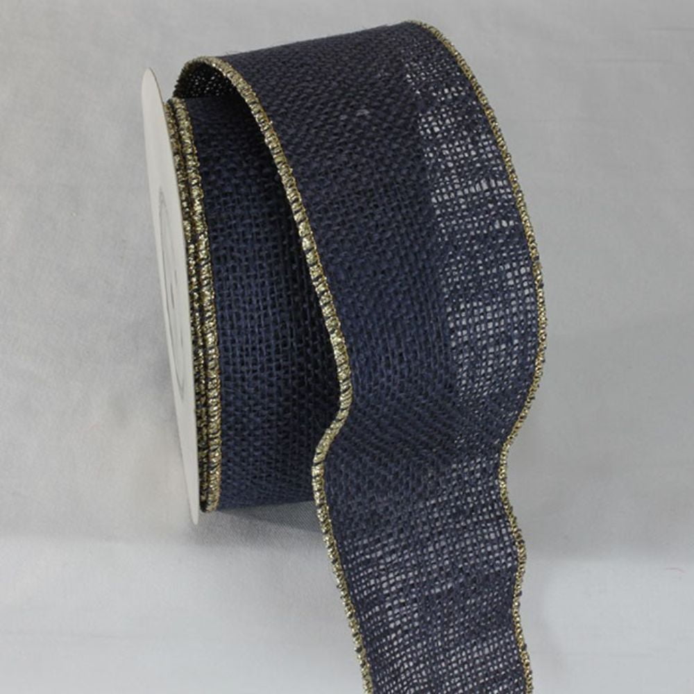 Navy Blue and Gold Colored Wired Edge Burlap Ribbon 2.75" x 11 Yards