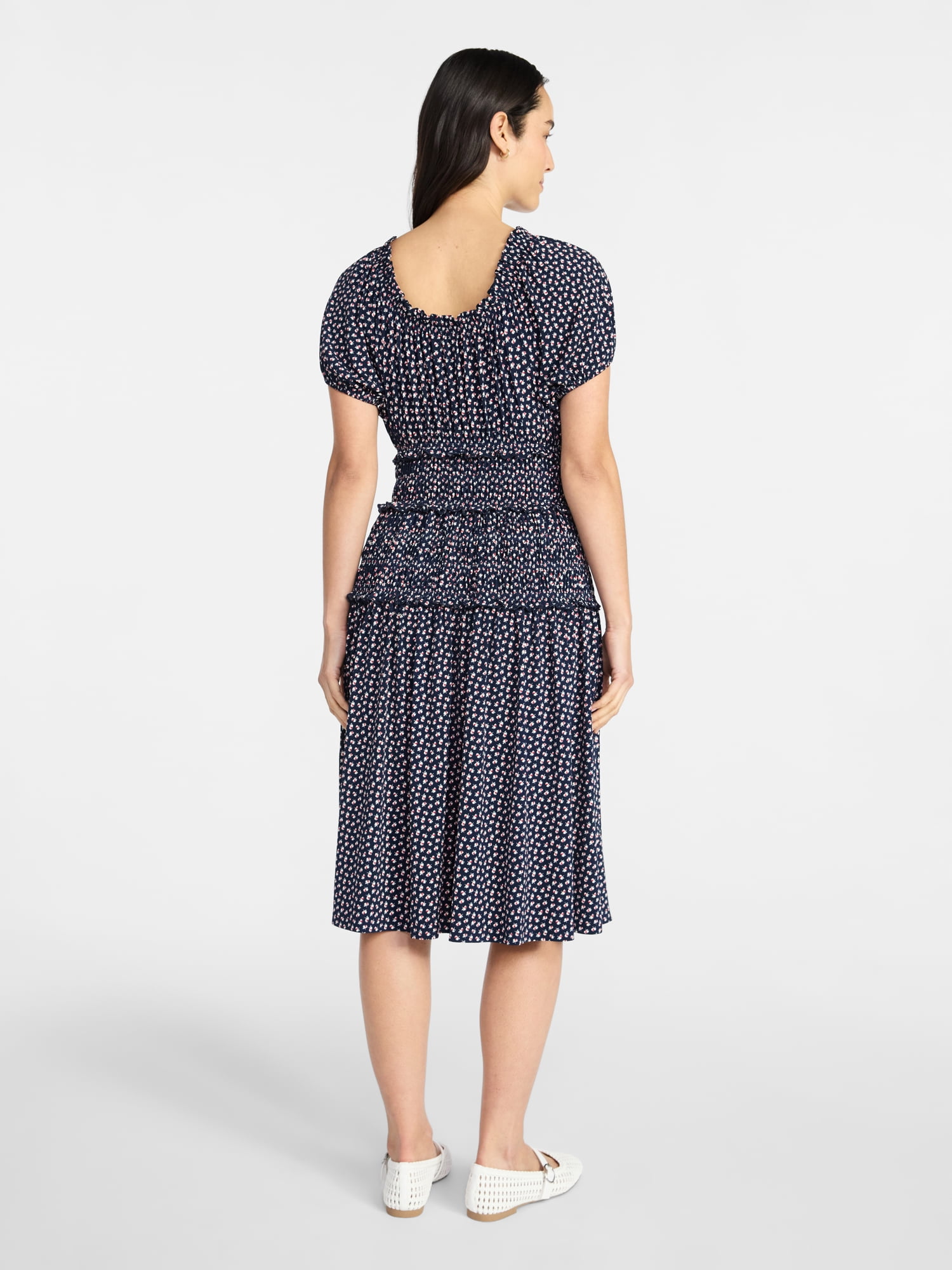 Time and Tru Women's Smocked Midi Dress with Short Puff Sleeves, Sizes XS-XXXL