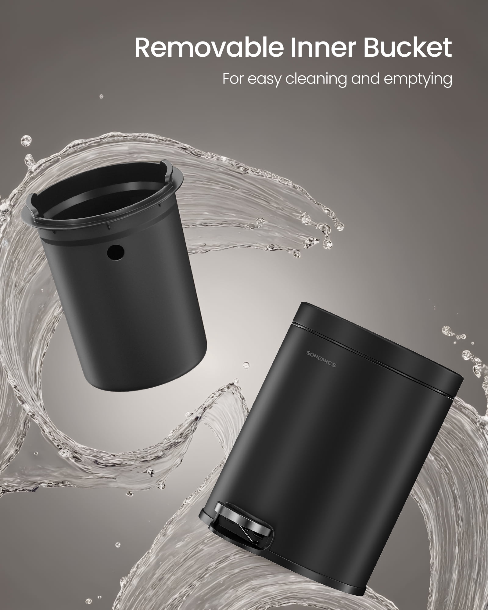 1.6 Gallon Bathroom Trash Can, Small Stainless Steel Garbage Bin with Soft-Close Lid & Pedal, Inner Bucket for Toilet Bedroom, Ink Black