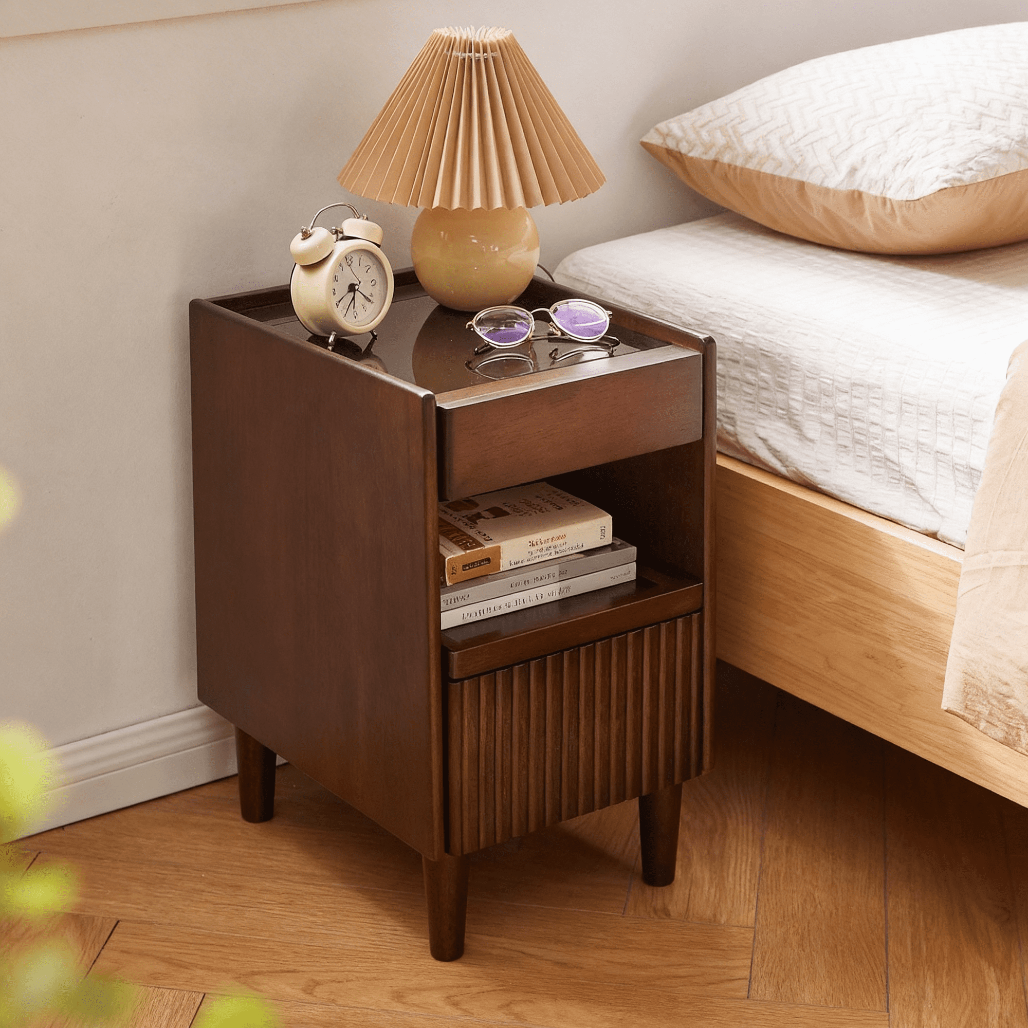 Wooden Bedside Table with 1 Drawer Open Shelves, Wood Board Side Tables Storage Small Narrow Desk Chest of Drawer, Lamp Stand Nightstand Cabinet, Bedroom Living Room Home Furniture