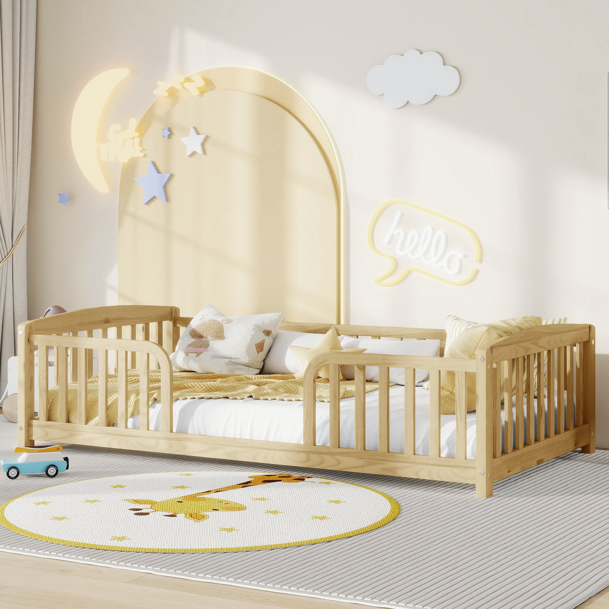 Mintazer Twin Size Toddler Floor Bed with Guardrails & Central Entrance, Natural