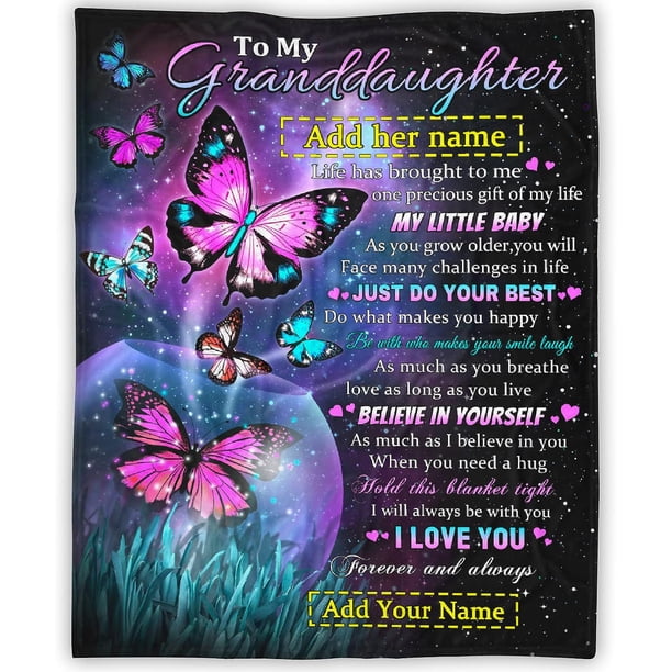 LHSHID Custom Granddaughter Blanket from Grandma Grandpa Personalized Girl Name Gift Super Soft Lightweight Throws Summer Travel Blankets Birthday Present Butterfly Decor Bed Couch Sofa