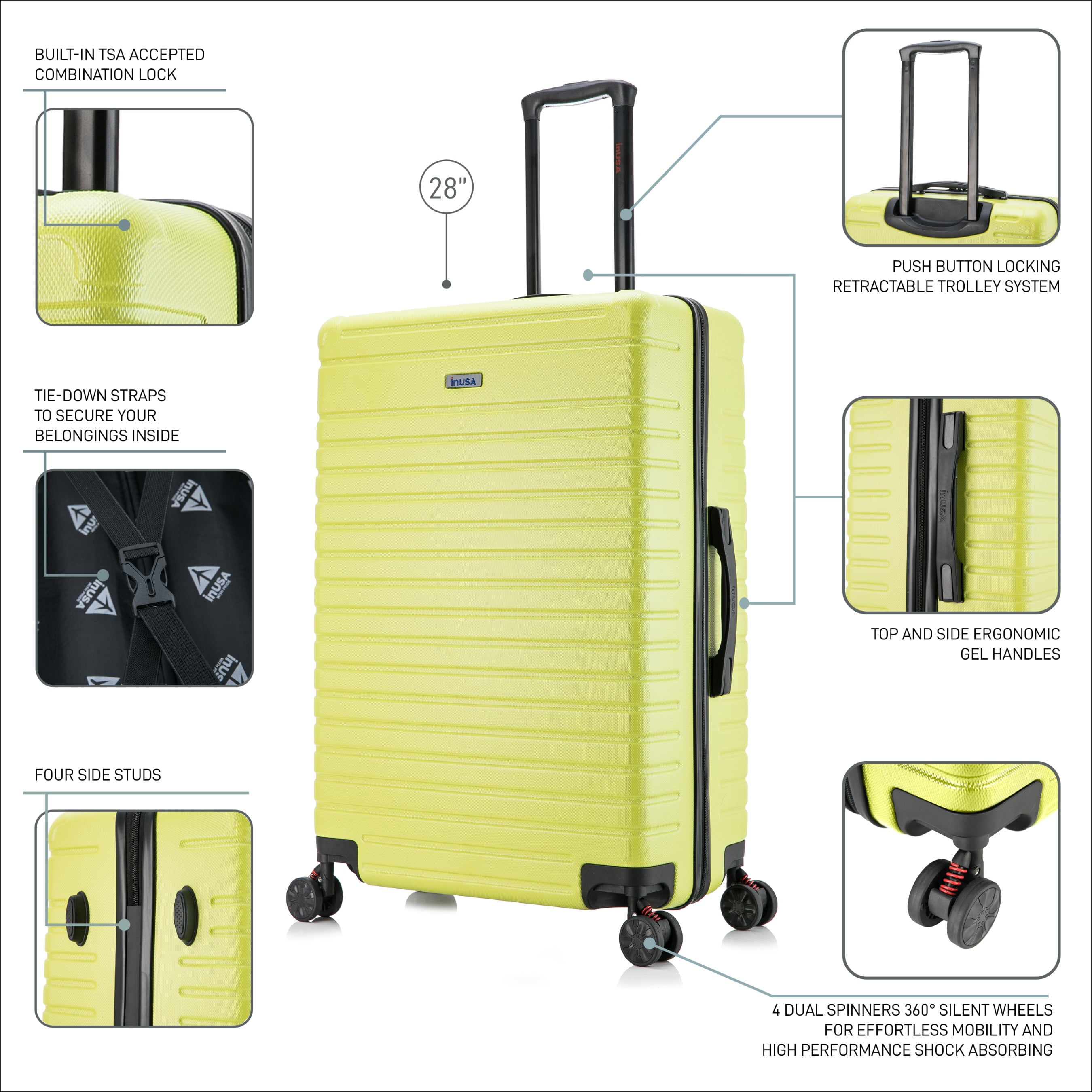 InUSA Deep 28" Hardside Lightweight Luggage with Spinner Wheels, Handle, Studs, Trolley, Green