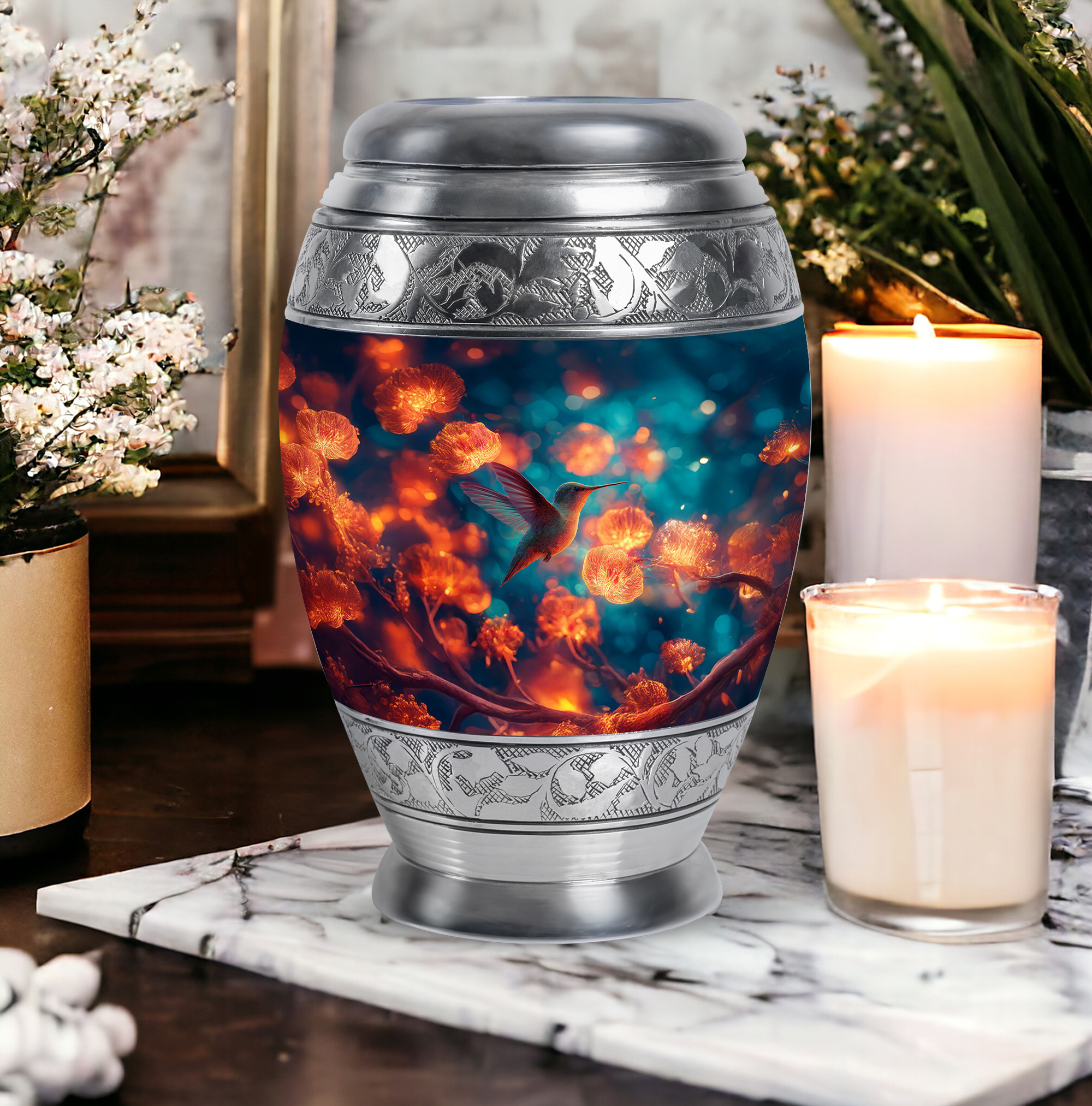 Humming Bird Keepsake Flowers Urn For Ashes Adult Female, 1 Large Cremation Urns For Male, Little Urns For Human Ashes Set Of 4, Blue Urn For Mother, 10&3 Inch