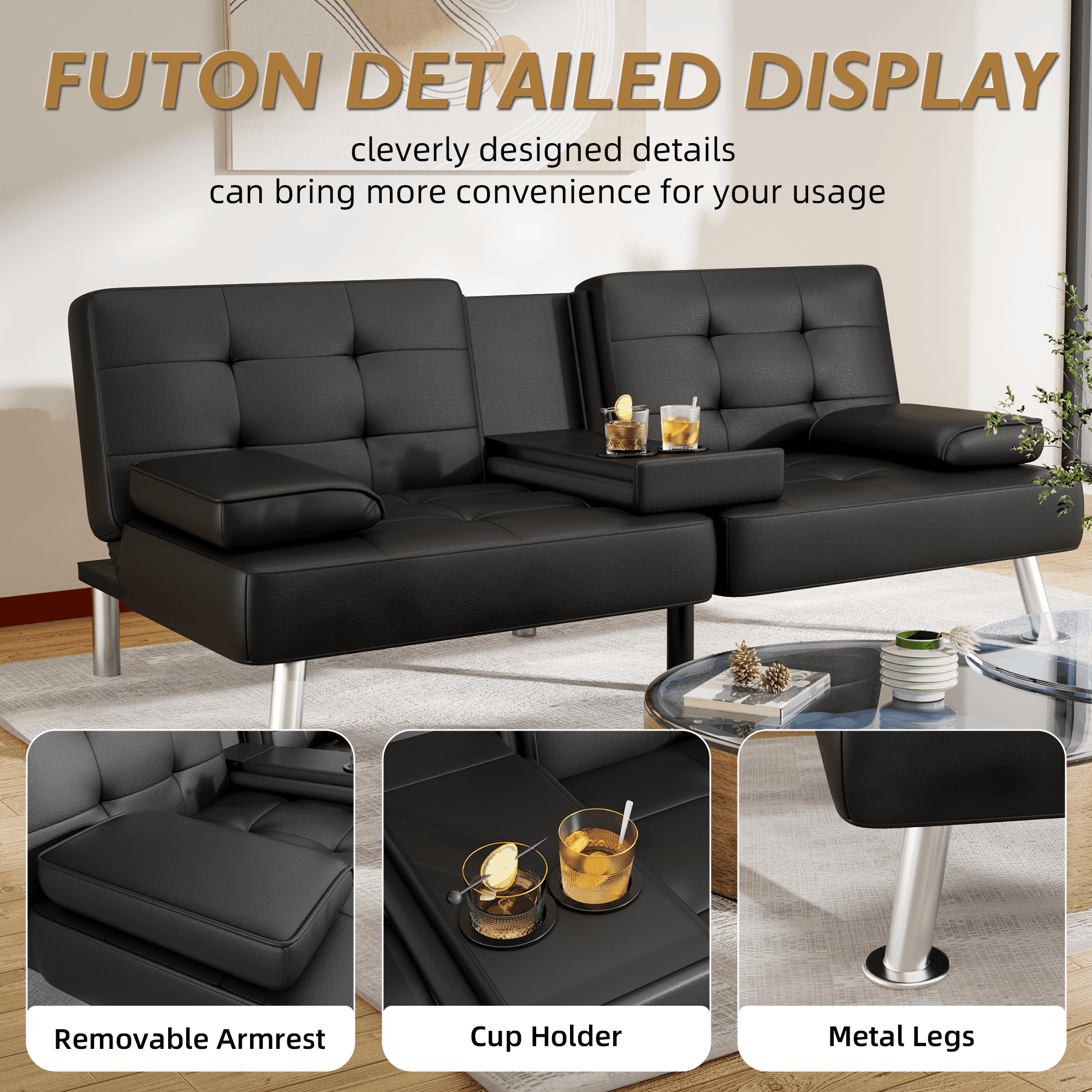 Vineego Modern Faux Leather Couch Convertible Folding Futon Sofa Bed with 2 Cup Holders,Black