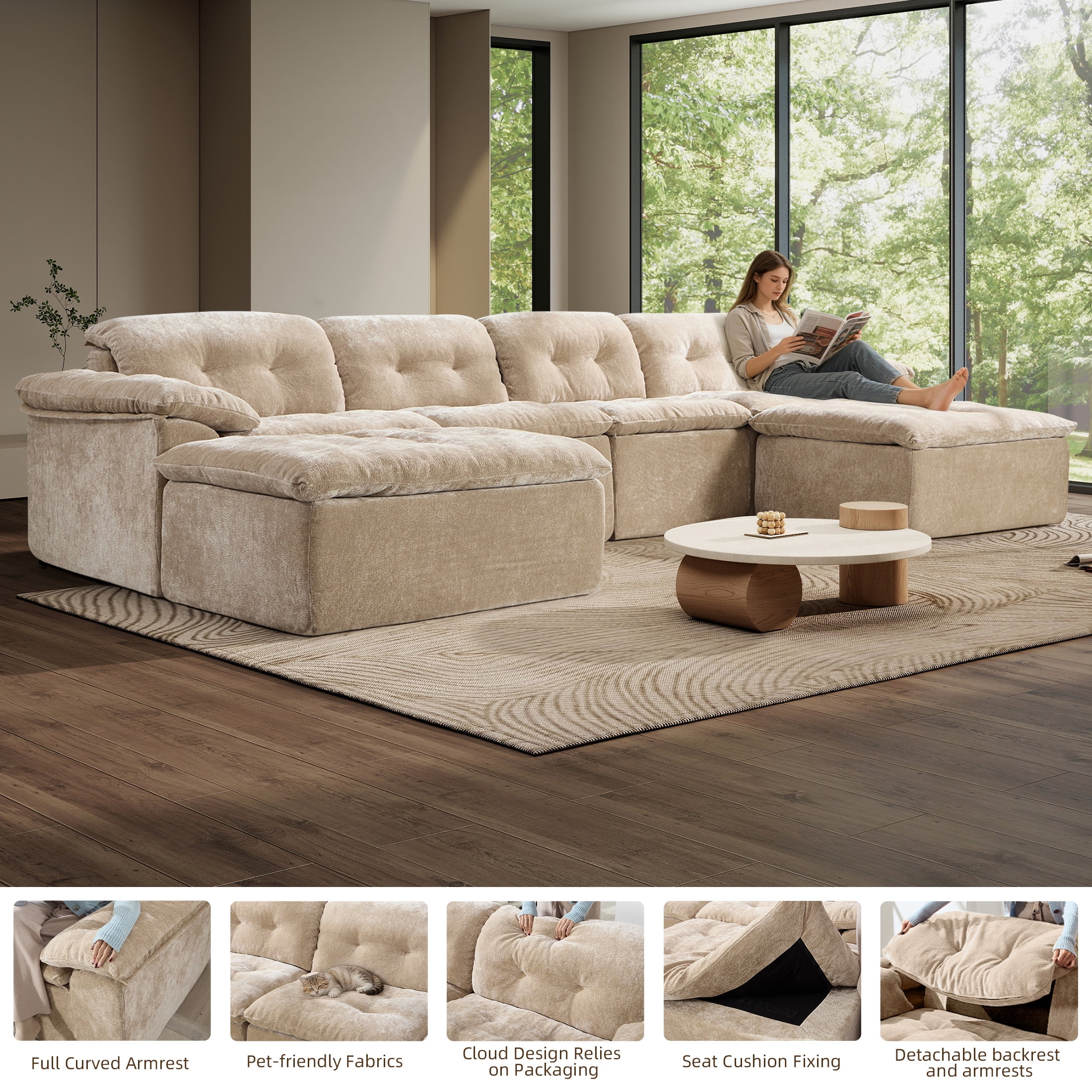 Aukfa 6-Piece U-Shaped Modular Sectional Sofa with 2 Ottomans for Living Room, Ice Flower Chenille, Tan