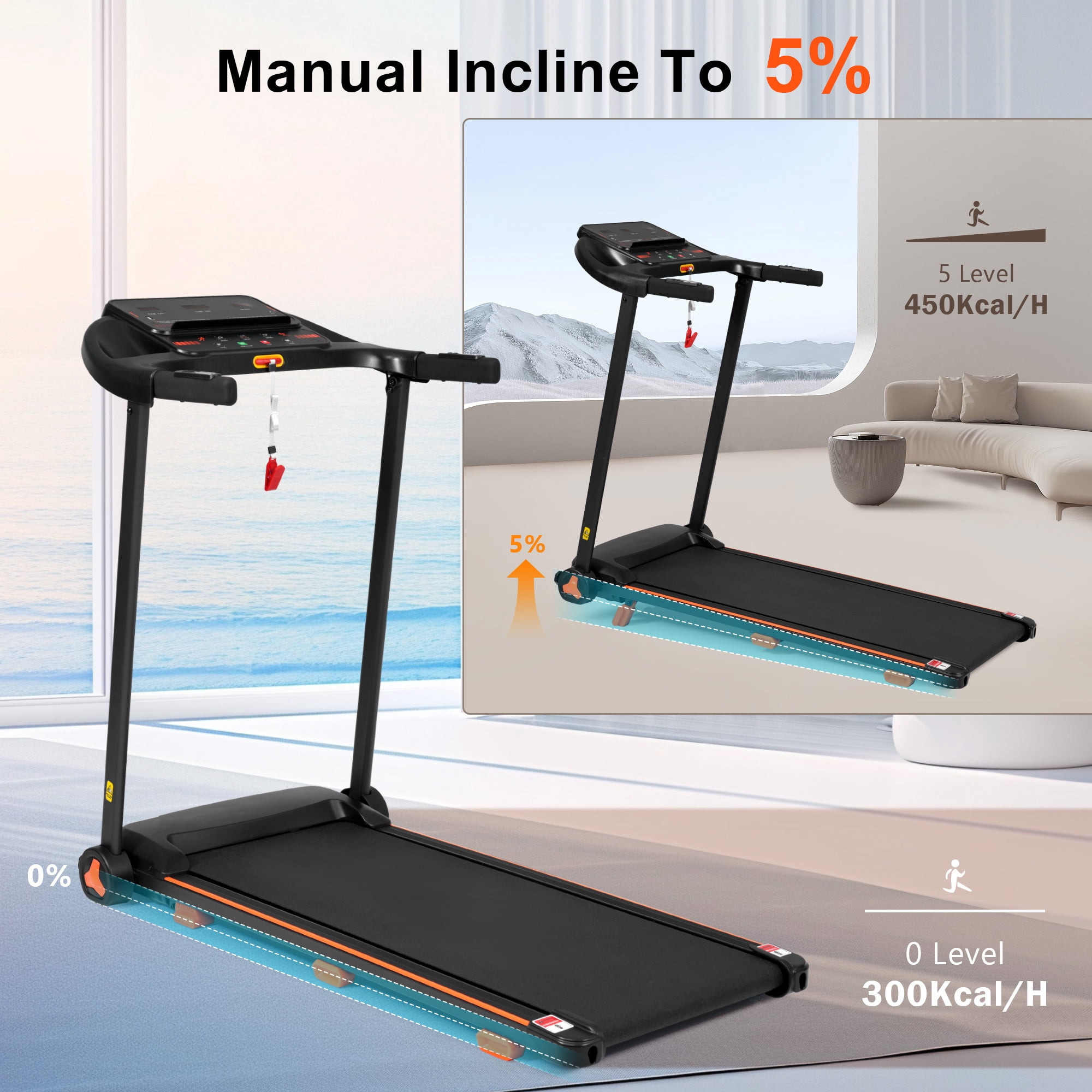 Aukfa Electric Treadmill with Incline, USB Charge, 300 lb Capacity 7.5 mph Max Speed for Home Office