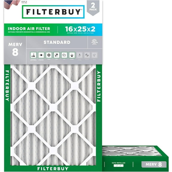 Filterbuy 16x25x2 MERV 8 Dust Defense, Pleated HVAC AC Furnace Air Filters (2-Pack)