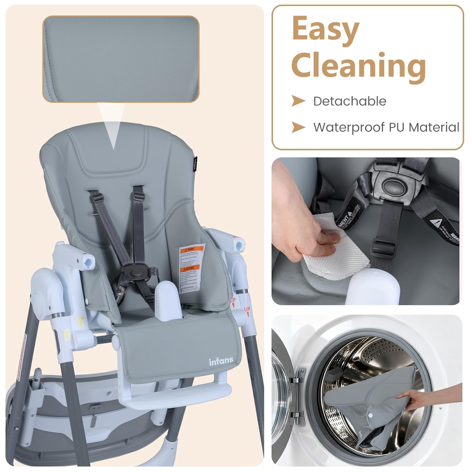 INFANS High Chair for Babies and Toddlers, Foldable Highchair with 7 Different Heights 4 Reclining Backrest Seat 3 Setting Footrest, Removable Tray Built-in Rear Wheels with Locks