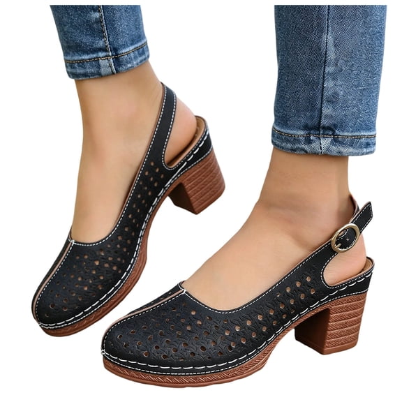 Rokment Womens Platform Slingback Dressy Sandals 2026 Ladies Fashion Casual Hollow out Leather Closed Toe Chunky Stackable High Heels Slip on Dress Shoes with Back Strap Summer Fall Black Size 6.5
