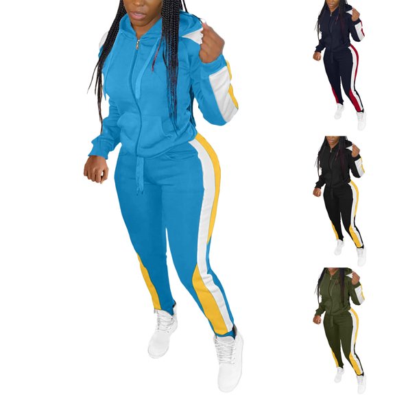Hueook 2 Piece Sets For Women Dressy Womens Color Block Casual Hooded Zipper Jacket Two-Piece Set Blue L