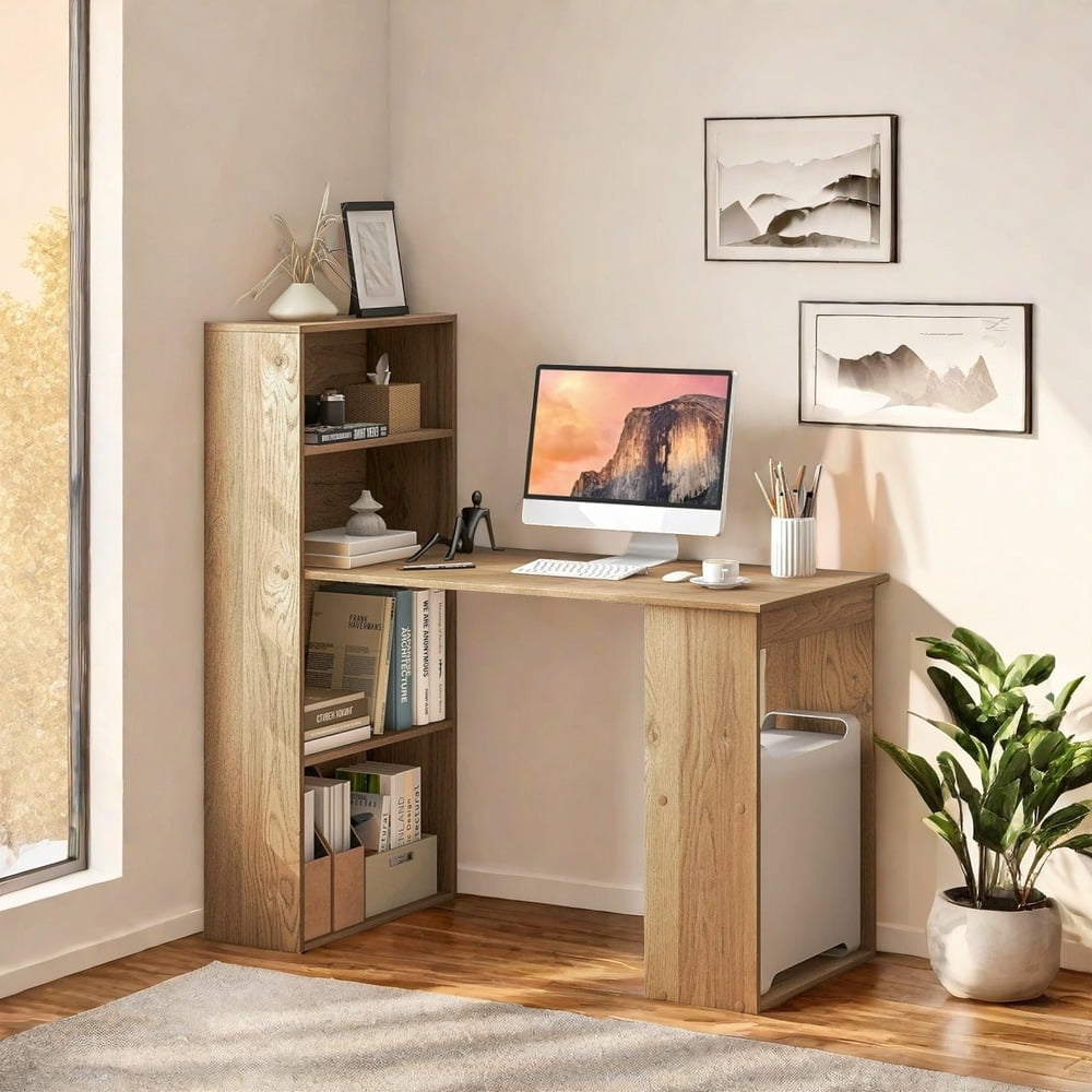 MIDOQIN Computer Desk with Bookshelf, Writing Study Desk with Storage Shelves & CPU Stand, Modern Compact Computer Workstation