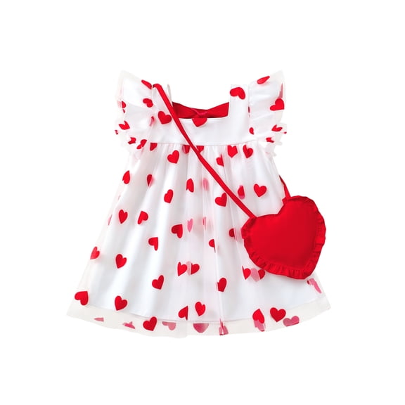 Baby Girls Clothes Toddler Girls Tulle Dress 12 Months Girls Summer Dress 18 Months Girls Sundress Short Sleeve Heart Print Dress with Cute Bag Red