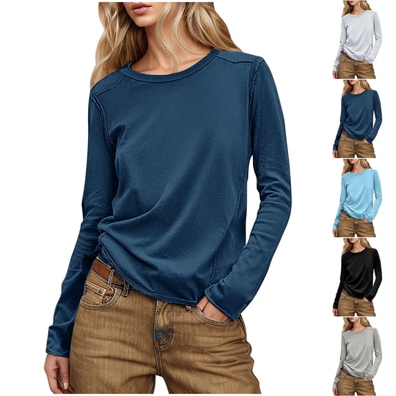 HVOBTTY Women's Long Sleeved T Shirt, Fall and Winter Tops for Women, Women's Casual Solid Color Long Sleeve Crew Neck Base Layering Pullover Top Gray, Gray