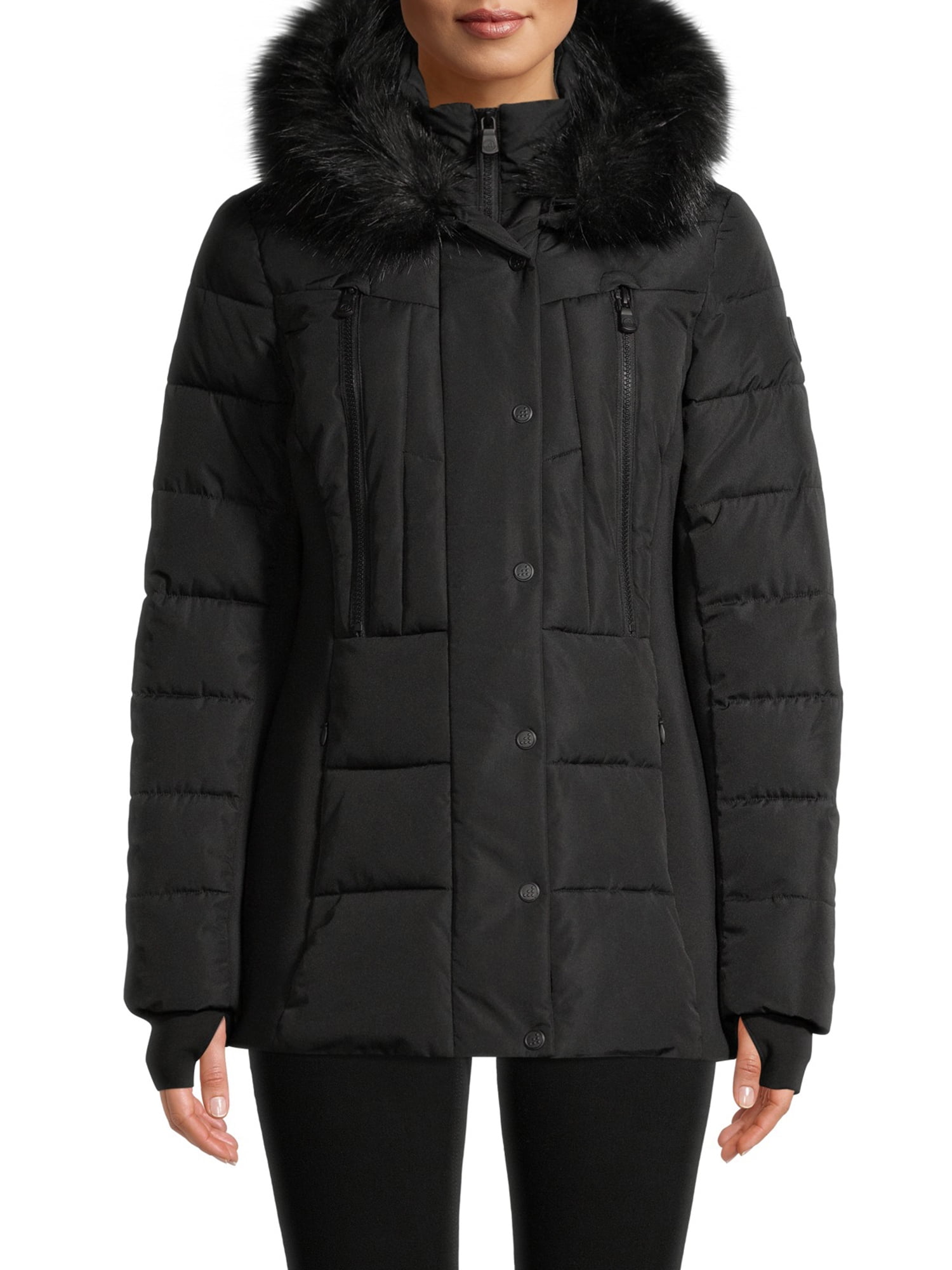 short puffer jacket with fur hood