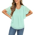 thumbnail image 7 of Olyvenn Womens Ruffle Short Sleeve Chiffon Tops Dressy Casual Cotton Peplum Shirts Round Neck Pleated Blouses Mint Green S, 7 of 7