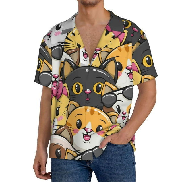 Bingfone Mignon Chat Dessin Animé pour Hommes Col Cubain Chemise à Manches Courtes avec Poche Bouton Cardigan Chemise d'Été-3x-grand
